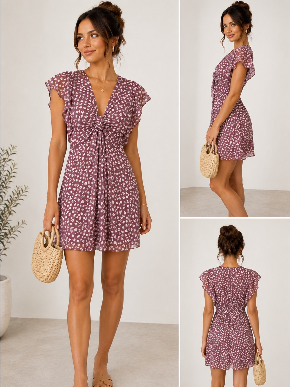 Monteau Mauve Floral Midi Dress with White Accents